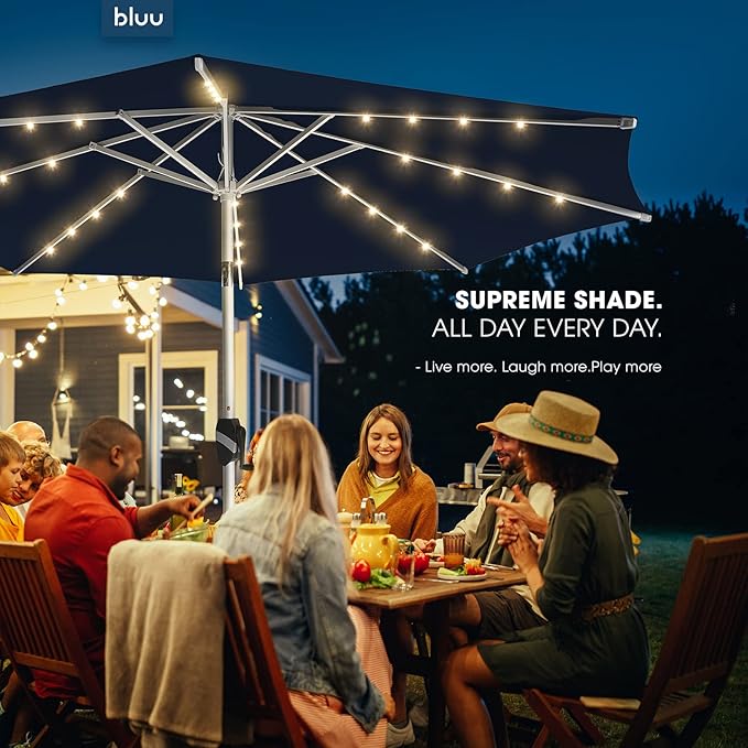 BLUU 9 Ft Patio Umbrella with Solar LED Lights, 5-Year Fade-Resistant Aluminum Outdoor Table Umbrella with Tilt Adjustment and Crank for Pool, Deck, Garden and Lawn, Navy Blue