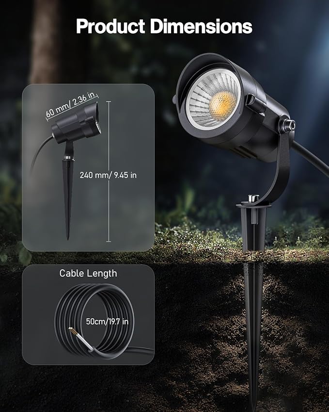 HIBOITEC Spotlights Low Voltage Landscape Lighting with Connectors 600LM 2900K Landscape Lights Kit 12-24V AC/DC IP65 Waterproof for House Yard Trees Garden Outdoor 1 Pack