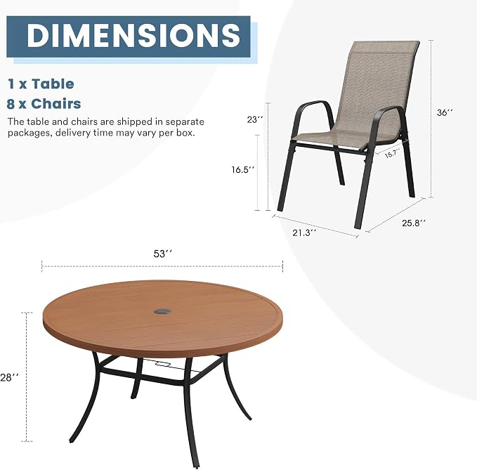 DIFY 9 Piece Outdoor Dining Set, 53" Walnut Round Metal Patio Table and Brown Textilene Stackable Chairs for 8, All Weather Patio Furniture Set with Umbrella Hole for Backyard Garden Deck