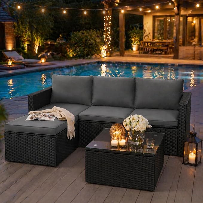 SUNLEI Patio Furniture Set with Detachable Soft Cushions, Outdoor PE Rattan Patio Conversation Sofa Set, 3-Piece Patio Sectional Sofa with Glass Coffee Table, Black Rattan/Royal Grey