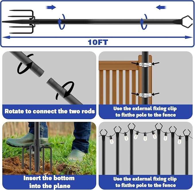 4 Pack 10 ft Heavy Duty Metal String Light Poles Adjustable Outdoor Lighting Stand for Patio,Backyard,Garden,Party & Wedding Rustproof & Sturdy with Hooks