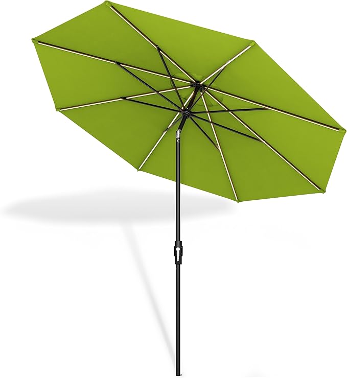 Midtown Umbrellas The LED Swilt 8 Feet Patio Umbrella With Terylast Pear (Green) Polyester Fabric - Auto-Tilt Aluminum Frame With LED Lights For Backyard, Deck, Garden, Pool - Black Pole