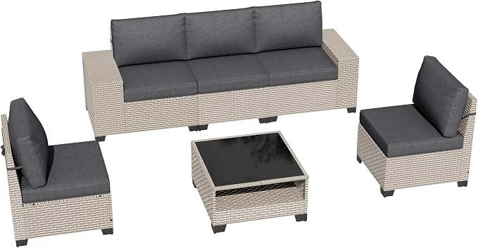 6-Piece Outdoor Patio Furniture Set, Modular Sectional Sofa Set with Glass Coffee Table and Cushions, Wicker Outdoor Couch Conversation Sets, Black