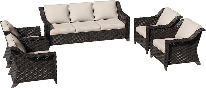 5 Pieces Patio Conversation Furniture Set - 1 Sofa, 4 Armchairs, Outdoor Wicker Furniture with Removable Cushions for Porch, Balcony, Sunroom (Beige)