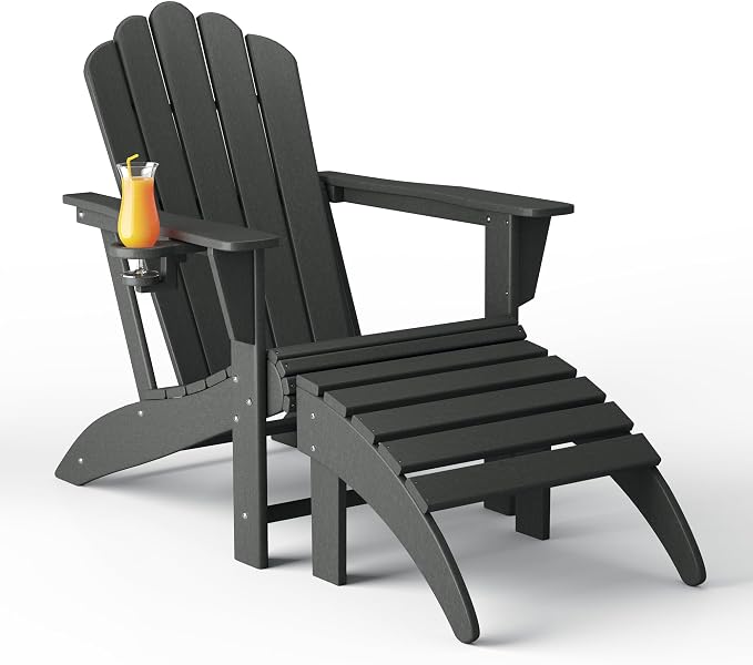 Costaelm Lakeview 2-Piece Outdoor Patio HDPE Adirondack Chair with Ottoman and Cup Holder Set, Gray