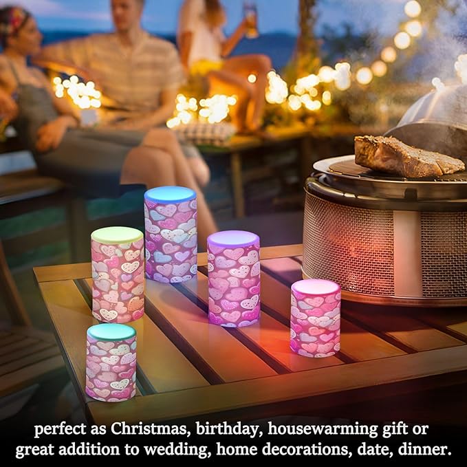 Doodle Pink and Purple Heart Flameless Candles Color Changing LED Candles with Remote Control Battery Candles for Outdoor and Indoor Home and Room Decoration, 3'' x 4''/5'' Set of 2 Pieces