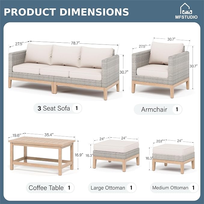 MFSTUDIO Wicker Patio Furniture Set, All Weather Rattan Outdoor Conversation Set with 2 Ottomans, 5 Pieces Patio Sectional Modular Sofa Couch Set with Wood Coffee Table, Beige Cushions