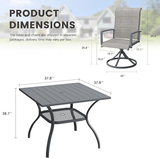 Outdoor Dining Set for 4, 37.8" Outdoor Dining Table with Umbrella Hole and Padded Textilene Patio Swivel Chairs, 5 Pieces Patio Table and Chairs Set for Garden Backyard, Grey and Dark Grey