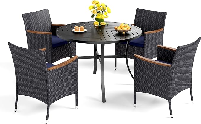 MFSTUDIO Patio Dining Sets for 4, Patio Table and Chairs Set, Outdoor Metal Round Table with Wicker Chairs, Rattan Outdoor Dining Furniture for Deck, Porch