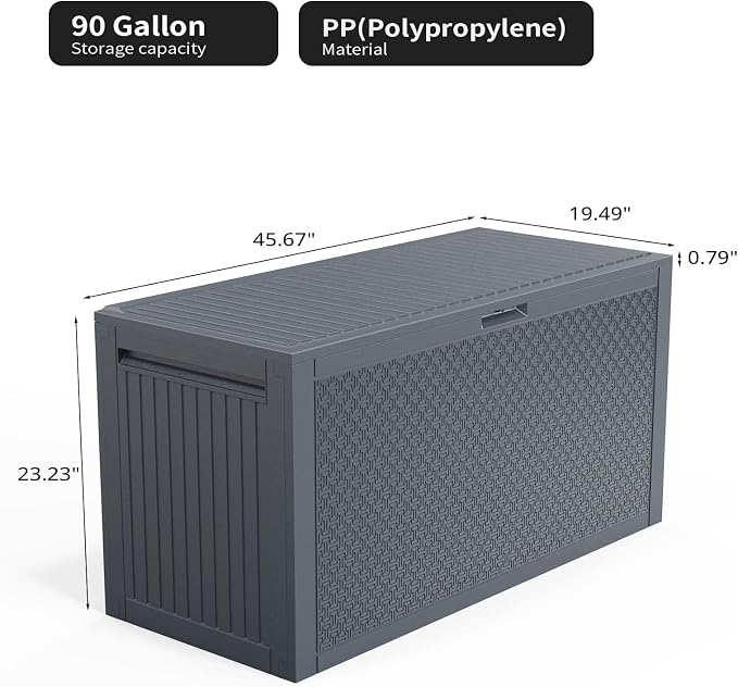 90Gal Grey Plastic Outdoor Storage Deck Box, Weatherproof UV Resistant Lockable Patio Storage Chest with Wheels and Molded Handles, Tool-Free Multipurpose Container for Garden Tools Cushions BBQ Toys