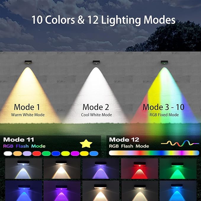 Solar Fence Lights,10 RGB Color Changing Modes,Solar Lights Powered Waterproof IP65,30 Hours Runtime,Easy Installation for Fence,Garden,Yard,Patio,Pool,Porch,Holiday Decor(12P)