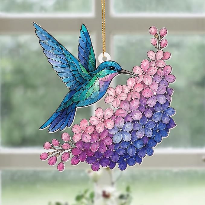 Hummingbird Stained Glass Ornament, Acrylic Window Hanging Suncatcher Decor, Bird Ornament for Car Rearview Mirror, Christmas Tree Decoration, Bookish Gifts for Bird Lovers, Home&Garden Decor(Sun-12)