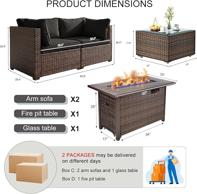 4 Pieces Patio Furniture Set with Fire Pit and Glass Table, Outdoor PE Rattan Sectional Sofa with Soft Cushions for Backyard, Porch, and Poolside (Black, 4 PCS w/Table/Firepit)