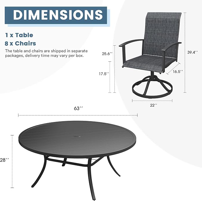 DIFY 9 Pieces Outdoor Dining Set for 8, 63" Black Round Metal Table with Umbrella Hole and Dark Grey Textilene Swivel Patio Chairs, Patio Table and Chairs Set for Garden, Backyard, Poolside