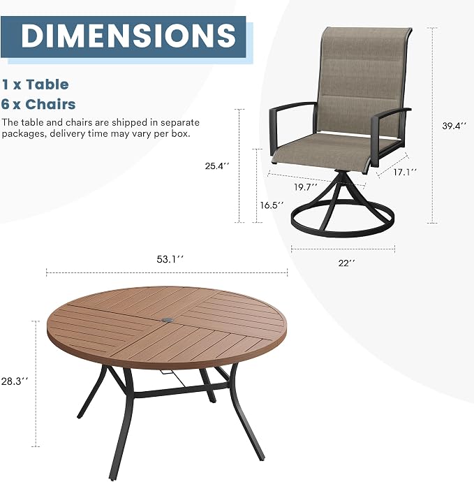 DIFY 7 Piece Outdoor Dining Set, Metal Patio Table and Chairs Set, 53.1" Walnut Round Dining Table & 6 Brown Padded Textilene Swivel Patio Chairs, Outdoor Furniture Set for Garden Backyard Porch