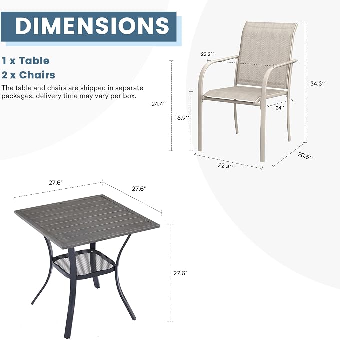 DIFY 3 Pieces Outdoor Patio Dining Set for 2, 2 Sandshell Stackable Dining Chairs and 27.6" Grey Wood-Like Metal Square Dining Table, Outdoor Table and Chairs for Lawn Garden Deck