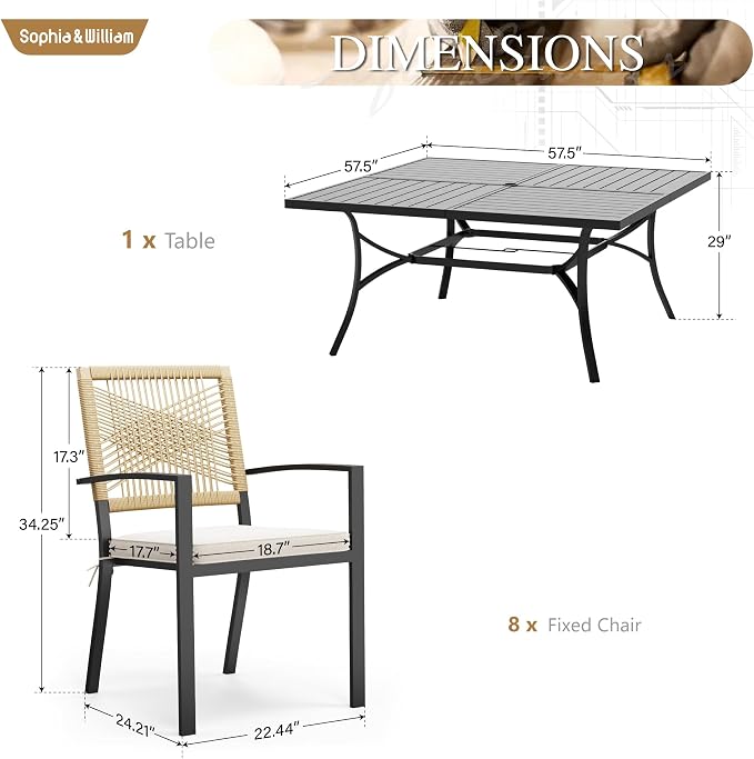 Sophia & William 9pc Patio Dining Set, 57" Square Table, Wicker Chairs | Outdoor Dining Set for 8, 57" Square Patio Dining Table Set with Patio Wicker Chairs for Garden, Porch, Backyard, Deck