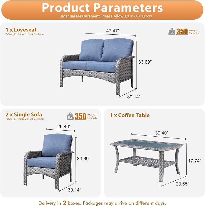 4 PCS Outdoor Patio Furniture Set with Glass Table, All-Weather Rattan Wicker Outdoor Conversation Set with Thickened Cushions for Balcony Backyard Garden Lawn,Blue