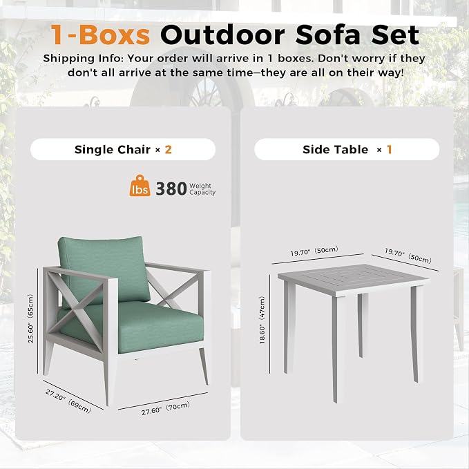 Aluminum Outdoor Patio Furniture Set with 5.2" Thick Cushions, 3-Piece Outdoor Sectional with Coffee Table, Patio Conversation Sets for Backyard,(White,2 Seats)