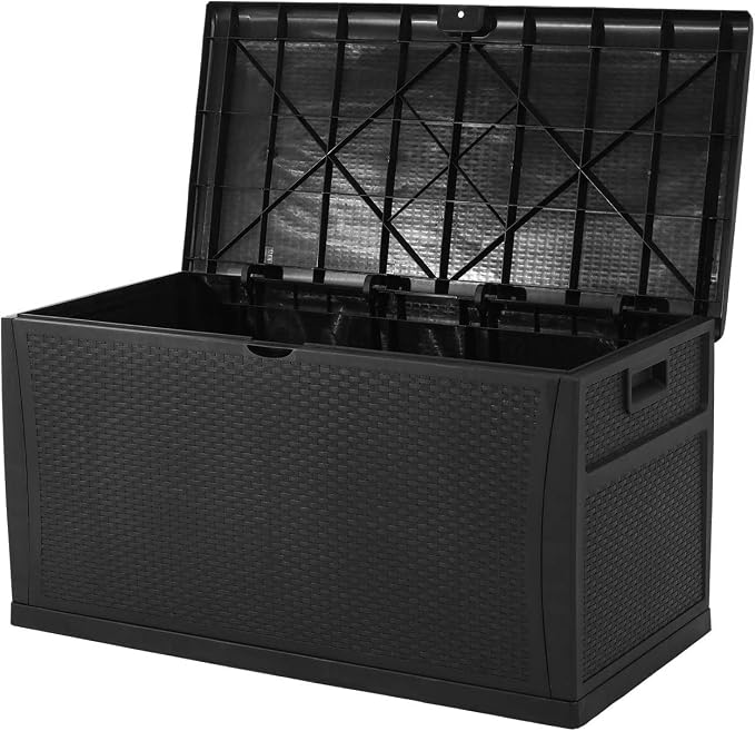 120 Gallon Resin Wicker Patio Storage Box, Outdoor Storage Container Deck Box and Gar,(Black)