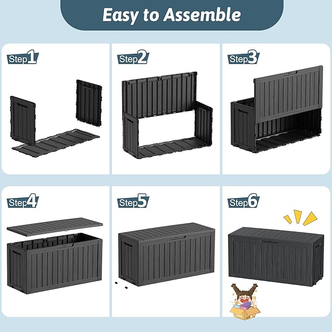 EasyUp 75 Gallon Outdoor Storage Box, Waterproof Compact Resin Deck Box with Wheels, UV-Resistant for Patio Furniture, Outdoor Cushions, Garden Tools and Pool Floats (Black, 75 Gallon)