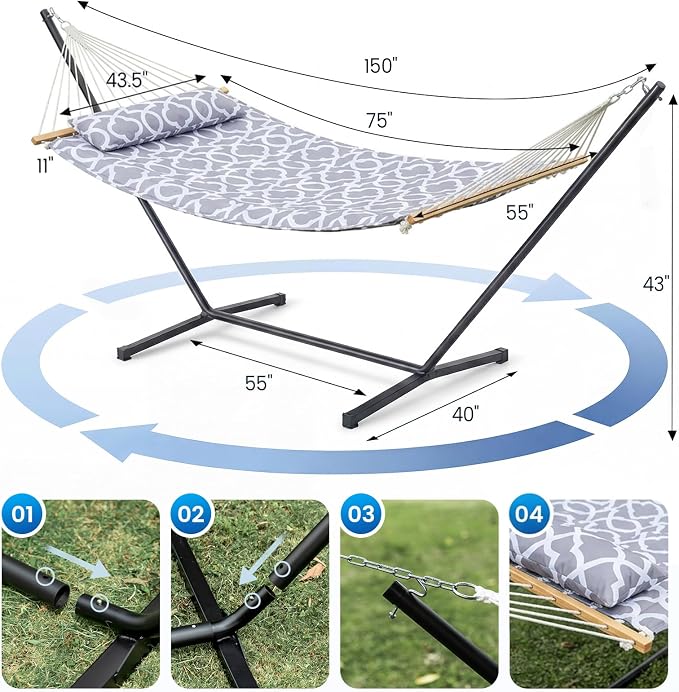 ANAGOO Double Hammock with Stand – Portable Cotton Rope Hammock with Removable Quilted Pad & Pillow, Adjustable Steel Frame for Patio, Backyard, Garden, Park, Camping & Outdoor Relaxation – White Gray