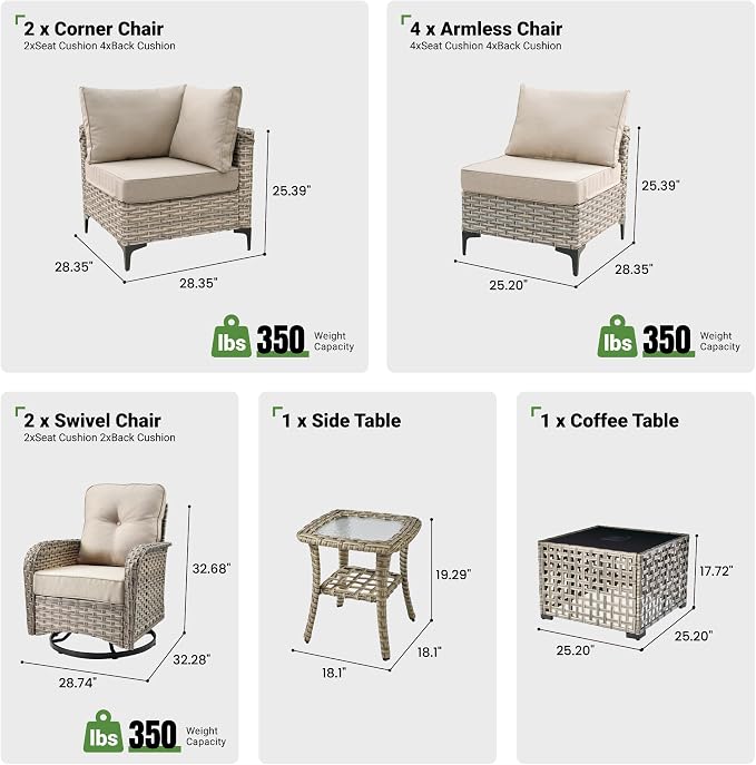 10 Piece Outdoor Patio Furniture with Swivel Rocking Chair, Rattan Wicker Conversation Set with Glowing Coffee Table, Sectional Single Chairs for Porch Balcony Backyard Pool,Beige