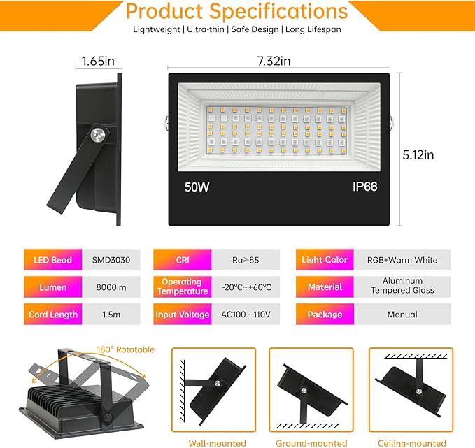 LED Flood Light Outdoor, 500W Equivalent 5000LM Smart RGB Landscape Lighting with APP Control, DIY Scenes - Timing - Warm White 2700K - Color Changing Uplight, 43 Modes, IP66 Waterproof (2 Pack)