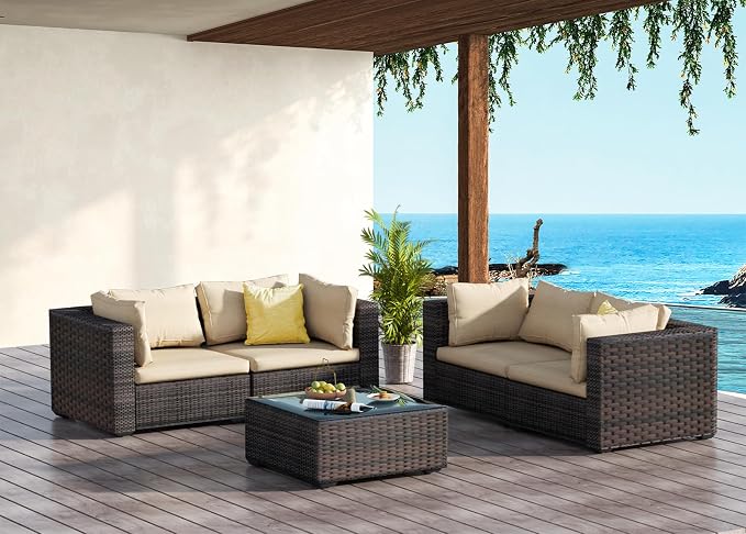 Patio Furniture Set 5 Piece All Weather PE Rattan Outdoor Sectional Sofa Couch with 4 x arm Sofa, No-Slip Cushions and Glass Top Table for Garden, Poolside, Backyard (Beige)