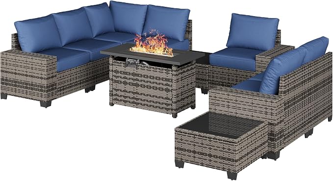 Aoxun 10-Piece Sectional Sofa with 44" Fire Pit, 4" Thicken Cushion, Widen Armrests Wicker for Backyard with Coffee Table, Blue