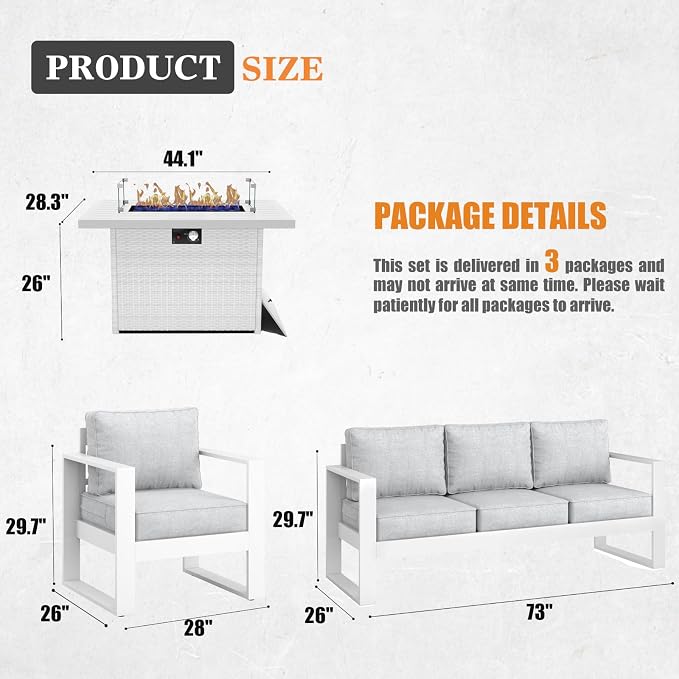 Outdoor Aluminum Furniture Set with Fire Pit Table - 4 Pieces Modern Patio Conversation Sets Metal Sectional Sofa Set