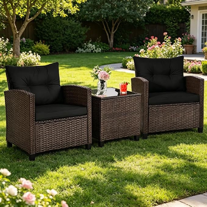 ORALNER 3 Pieces Patio Furniture Set, Outdoor Wicker Conversation Set Rattan Chairs with Cushions, Glass Coffee Table, Bistro Set for Front Porch Balcony Garden Deck Poolside (Black)