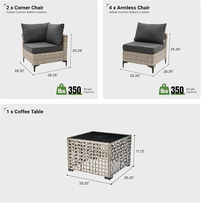 7 Piece Outdoor Patio Furniture with Glowing Coffee Table, Rattan Wicker Conversation Set with Sofa, Sectional Single Chairs for Outside Porch Balcony Backyard Pool,Black