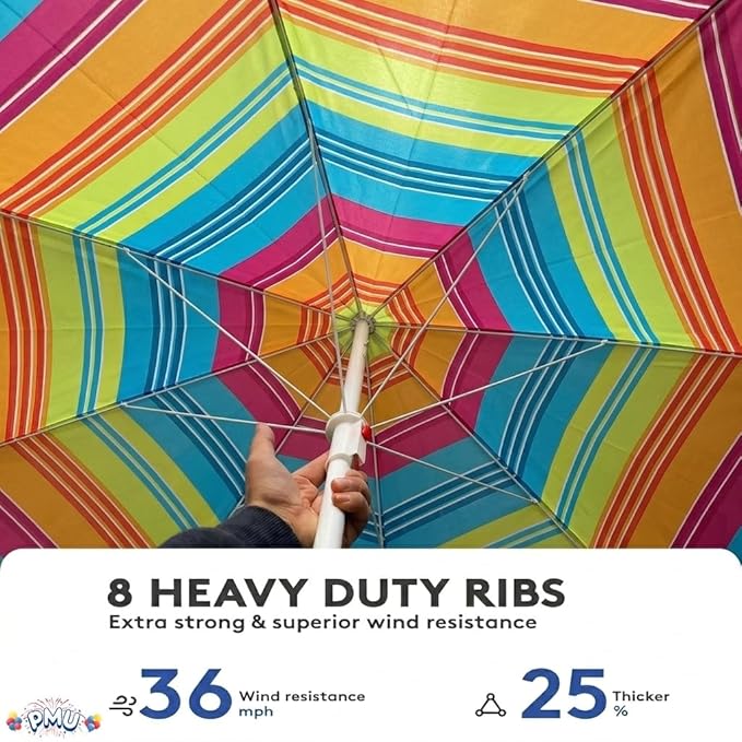 PMU 6ft Multicolored Beach Umbrella – Vibrant Rainbow Stripe Design, 72in Open, 160G Polyester, Large Outdoor Patio Pool Parasol Umbrella for Garden, Deck, Backyard & Pool