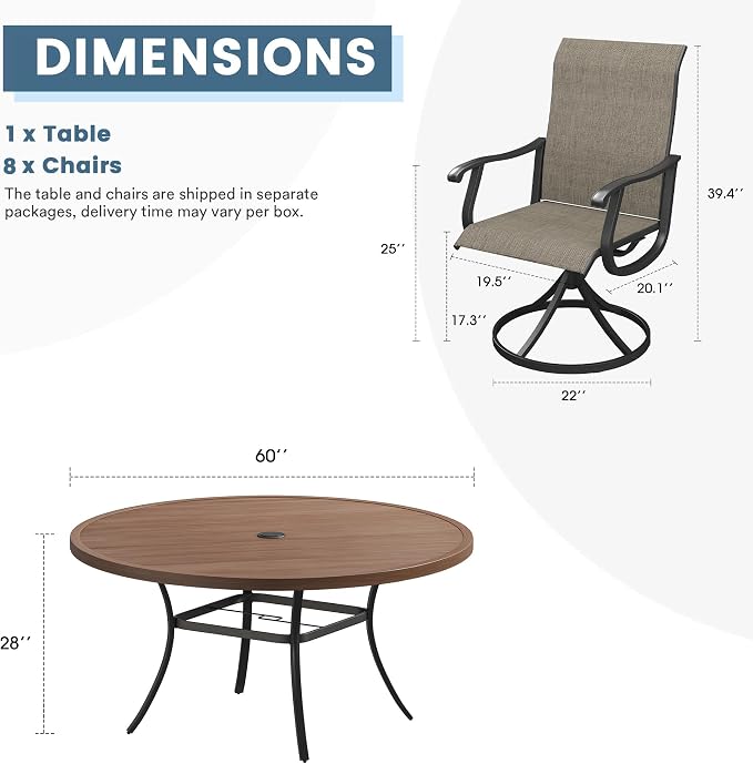 DIFY Outdoor Dining Set for 8, 9 Piece Patio Table and Chairs Set, Swivel Patio Dining Chairs with Brown Textilene & 60" Walnut Round Metal Dining Table with Umbrella Hole, for Garden Backyard Deck