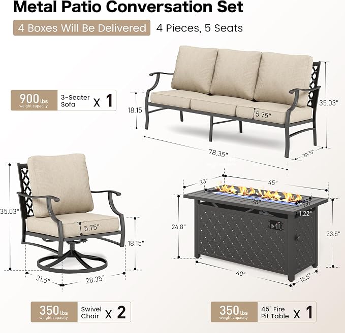 SUNSHINE VALLEY Patio Furniture Set with Firepit Table, 4 Piece Metal Outdoor Patio Furniture, 2 Swivel Chairs and 3 Seater Sofa with 5.75" Extra Thick Cushion and Gas Fire Pit Table for Backyard Deck