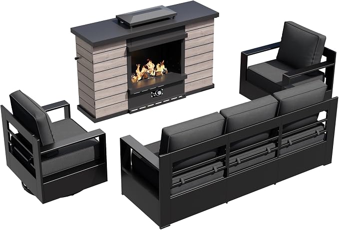 Outdoor Aluminum Furniture Set, 4-Piece Patio Conversation Set, 2 Swivel Chairs, 1 Sofa and 1 Fireplace, All-Weather Metal Frame, 6" Thick Removable Cushions, Deep Setting for Garden and Porch