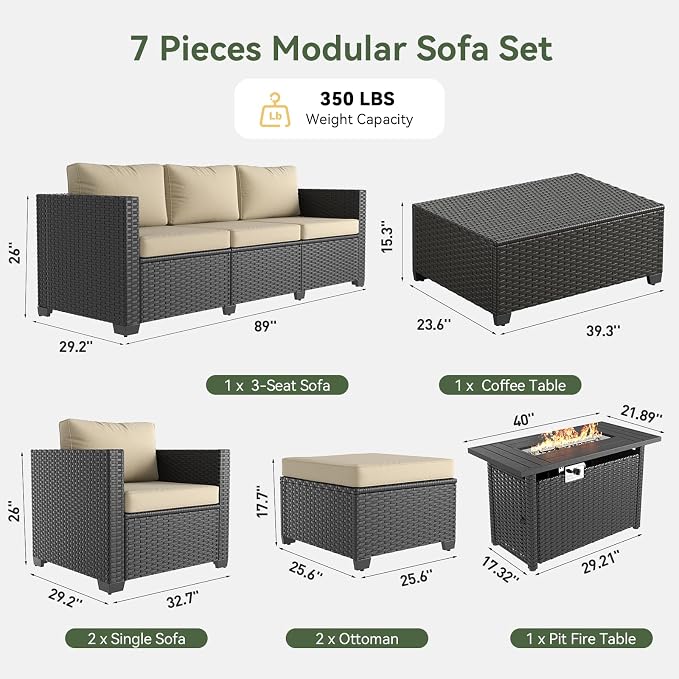 Aoxun Patio Furniture Set with Fire Pit Table, 7 Seats Piece Outdoor Furniture Set with Wicker Ottomans, Rattan Outdoor Sectional Sofa with Storage Table & Waterproof Cover Beige
