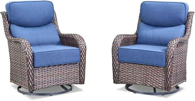 Luxury Wicker Patio Furniture Sets-High Back Outdoor Swivel Chairs Set of 2 with 6" Thick Cushions Wide Armrest All Weather Patio Conversation Sets for Deck Porch Balcony(Brown/Blue)