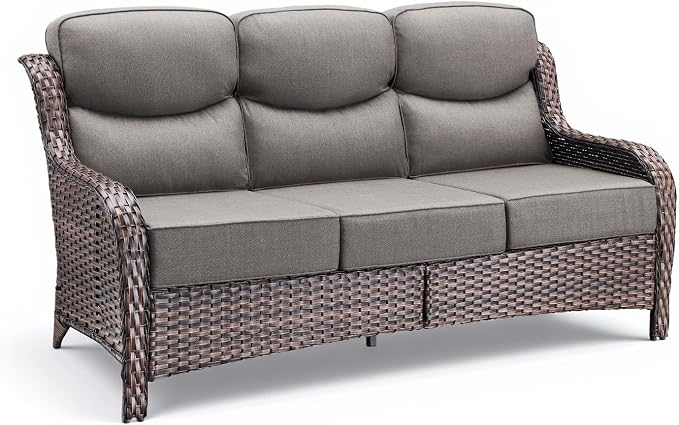 Luxury Outdoor Patio Furniture Set-Wicker High Backrest 3-Seat Patio Sofa with Comfy 6" Cushion, Rattan Couch with Deep Seat All-Weather Patio Conversation Set for Deck Backyard Garden(Brown/Grey)