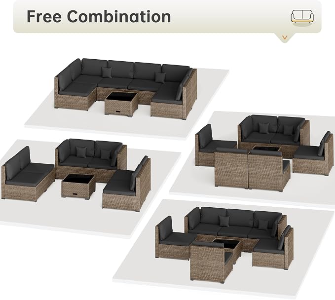 LHBcraft 7 Piece Patio Outdoor Furniture Set, Outdoor Sectional, All-Weather Manual Weaving PE Rattan Wicker Patio Sectional Sofa, Rattan Outside Furniture with Black Cushion and Glass Coffee Table