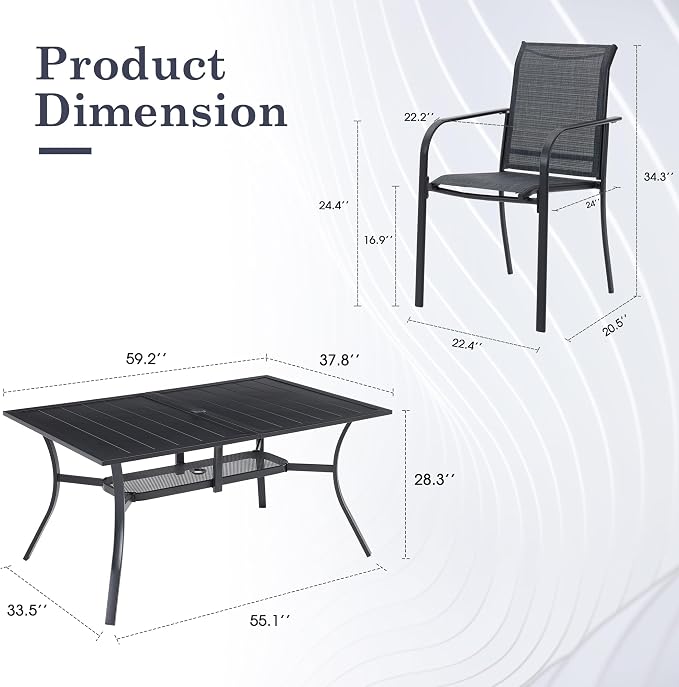 7 Pieces Outdoor Dining Set, Stackable Textilene Patio Chairs & 59.2" Rectangle Dining Table with Umbrella Hole and Shelf, Patio Dining Set for Backyard, Deck, Garden, Grey & Black
