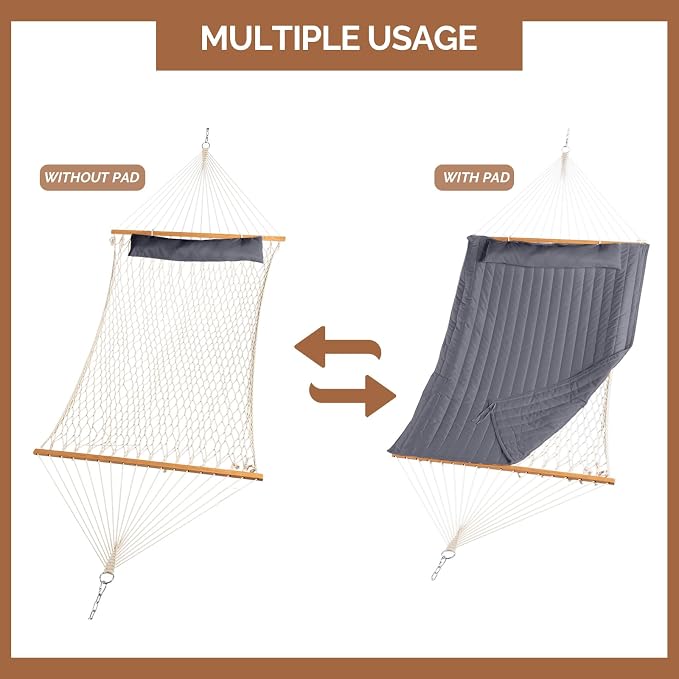 Hammock with Stand, Double Hammock with Stand for 2 Person, Outdoor Furniture, Holds 550lbs, Include Dual-Spreader Bar, Pillow, 124"x40"x52.25", Easy Setup, Free Standing hammocks for Outside, Grey