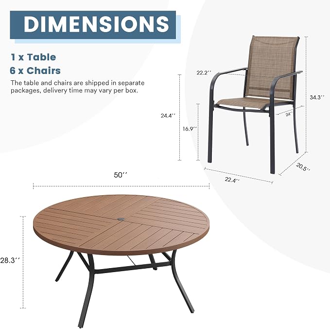 DIFY 7 Pieces Outdoor Patio Dining Set for 6, 50" Walnut Round Metal Dining Table and 6 Brown Stackable Textilene Patio Chairs, Outdoor Table and Chairs for Backyard Garden Poolside