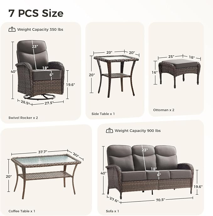 Luxury Patio Furniture Set with 6-inch Thick Cushions, Outdoor Furniture Set with High Back Swivel Chairs, 7 PCS Wicker Outdoor Conversation Set for Porch, Patio, Yard, Deck, Poolside, Brown/Grey