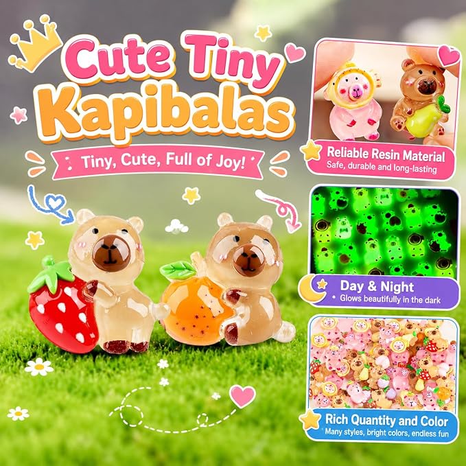 100 PCS Mystery Bag Mini Resin Capybara Blind Bags, Cute Glow in The Dark & Regular Capybara Figurines Surprise Box Toys for Kids, Tiny Collectible Party Favors, Cake Toppers, Phone Case Charms
