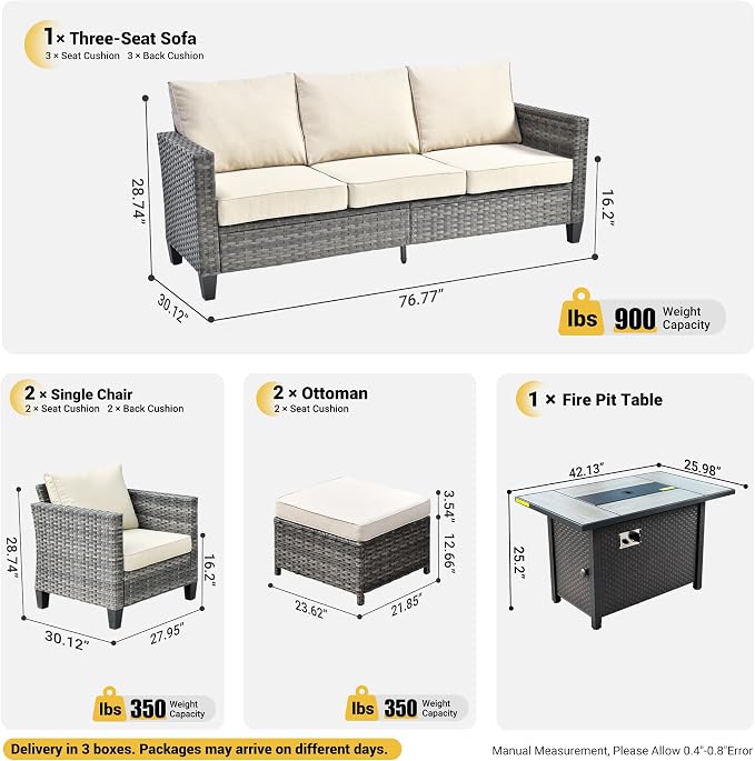 ovios 6 Pieces Patio Furniture Set with Fire Pit Table, Outdoor Wicker 3-Seat Sofa with Comfy Cushion, High Back Rattan Conversation Set for Deck Porch, Beige