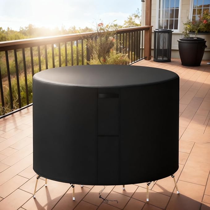 44"(D) x 18"(H) Round Outdoor Furniture Cover, Custom Heavy Duty 420D Waterproof Patio Furniture Cover with Drawstring & Buckles for Table Chair Garden, Black