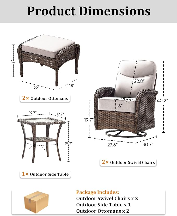 5-Piece Luxury Patio Furniture Set with 6-Inch Thick Cushions, High-Back Outdoor Swivel Rocker Chairs and Table, All-Weather Conversation Set for Porch, Deck, Balcony or Backyard – Beige