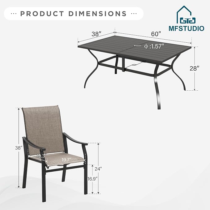 MFSTUDIO Patio Table and Chairs Set, 7 PCS Outdoor Dining Set with 6 Patio Dining Chairs and 1 Heavy Duty Metal 60" Table for 6, All Weather Resistant Patio Furniture, Grey